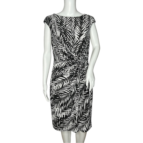 Lauren Ralph Lauren Dress Womens 10 Black White Leaf Print Botanical Neutral‎ - Picture 1 of 8